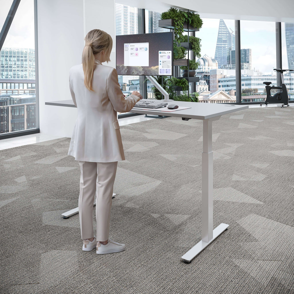 Woman using the iLohas 2 Dual Motor Electric Standing Desk in a modern office setting.