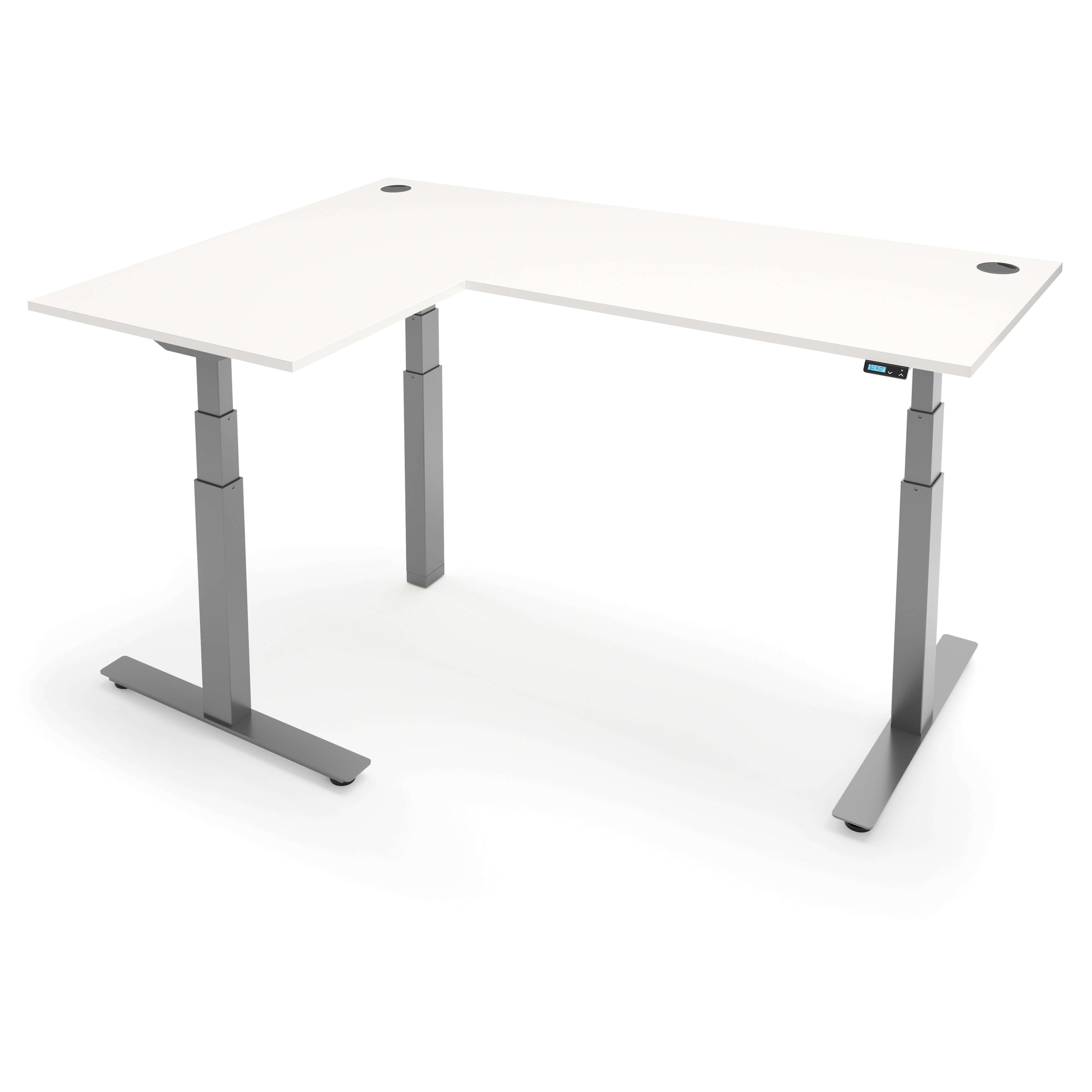 iLohas electric corner standing desk with adjustable height, sleek white top and durable steel frame.