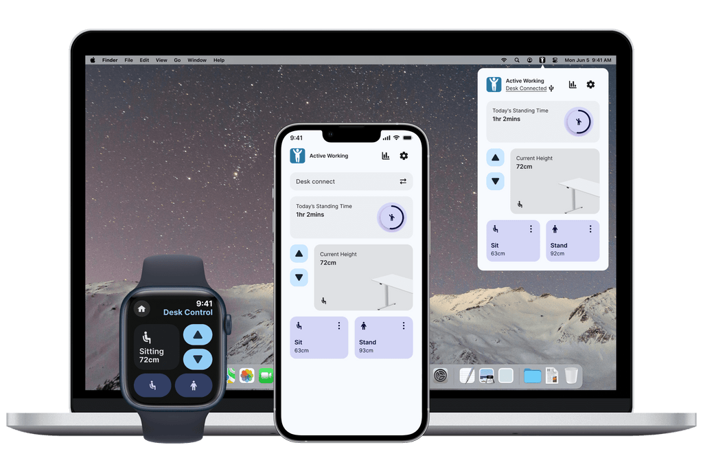 iLohas dual motor standing desk app interface on smartphone and laptop, showing height controls and ergonomics.