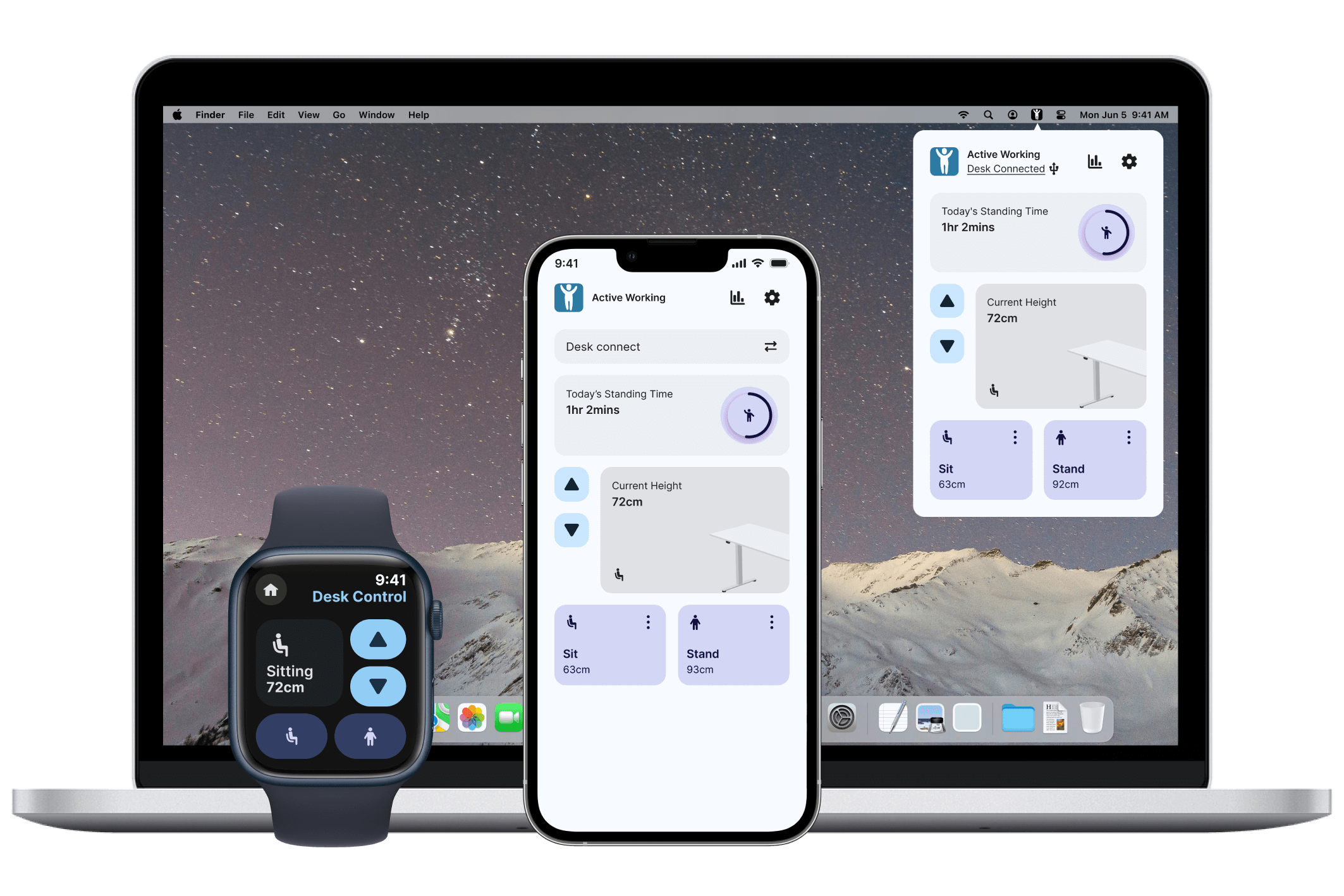 Screenshot of iLohas Active 2 standing desk app on smartwatch, smartphone, and laptop showing height control settings.