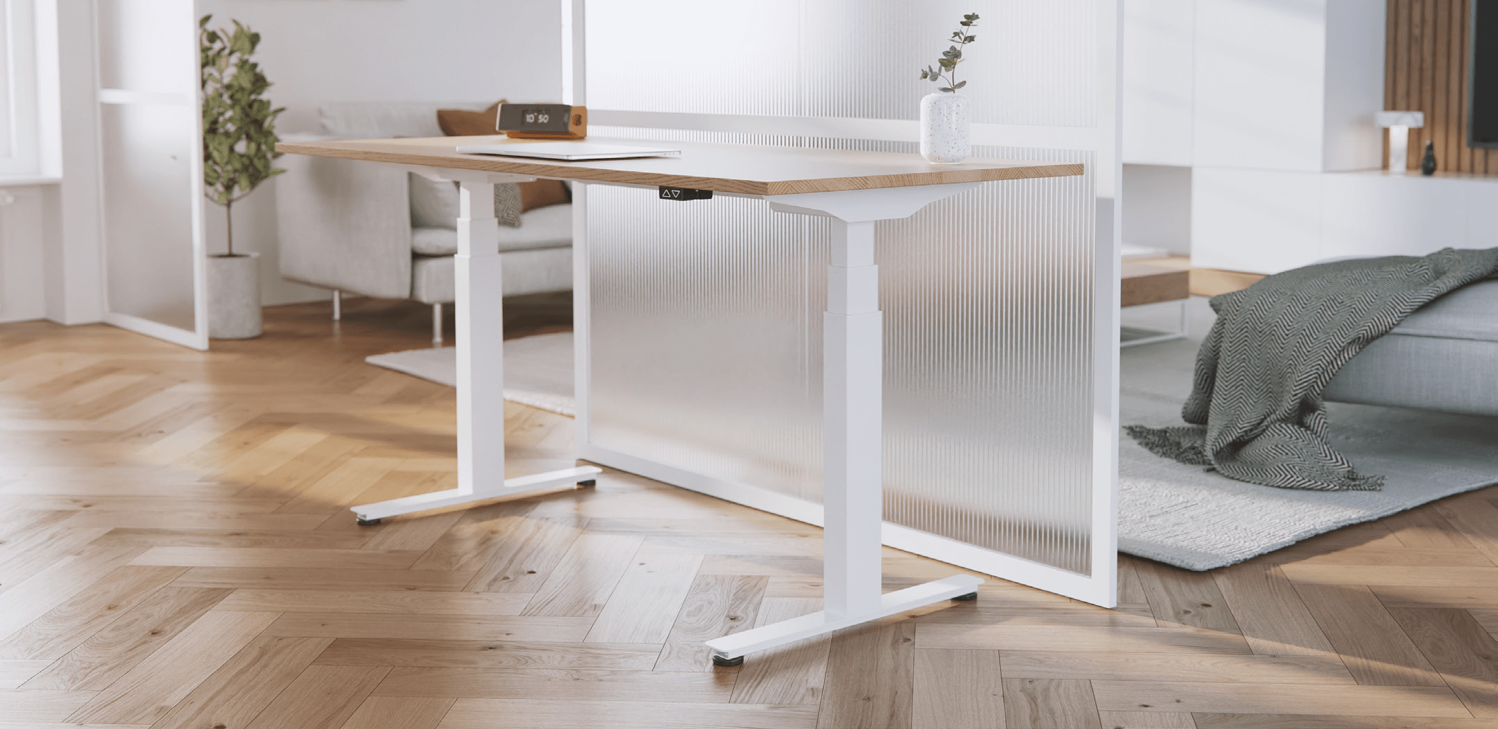 iLohas Active 2+ standing desk in a modern workspace, featuring a wooden top and white frame for ergonomic comfort.