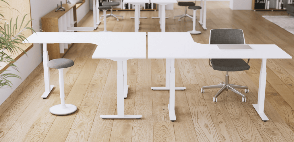 Smart standing desk corner setup featuring iLohas Active 3+ L-shaped triple desks and stylish ergonomic chairs.