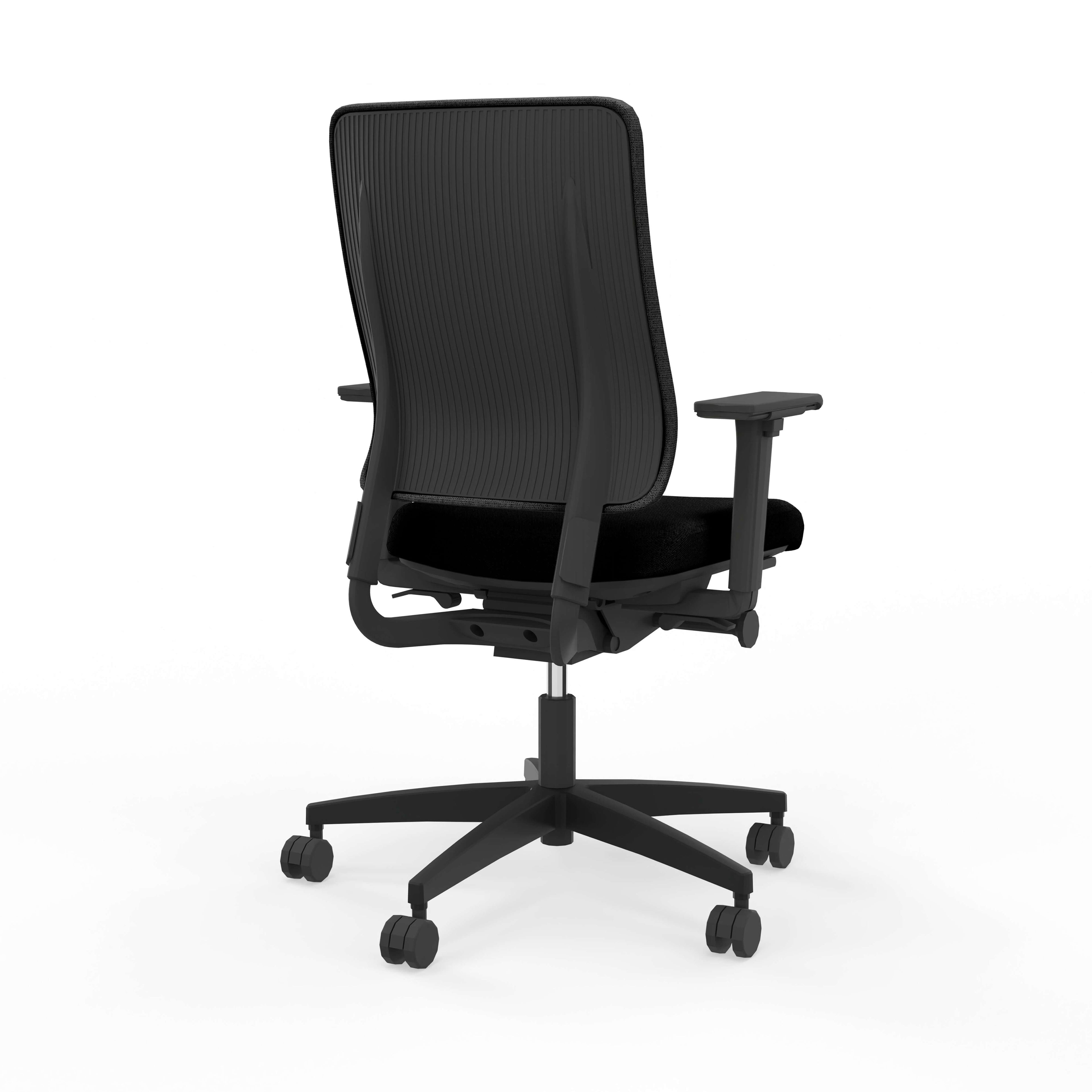Sustainable ergonomic task chair designed for comfort with a sleek black mesh back and adjustable features.