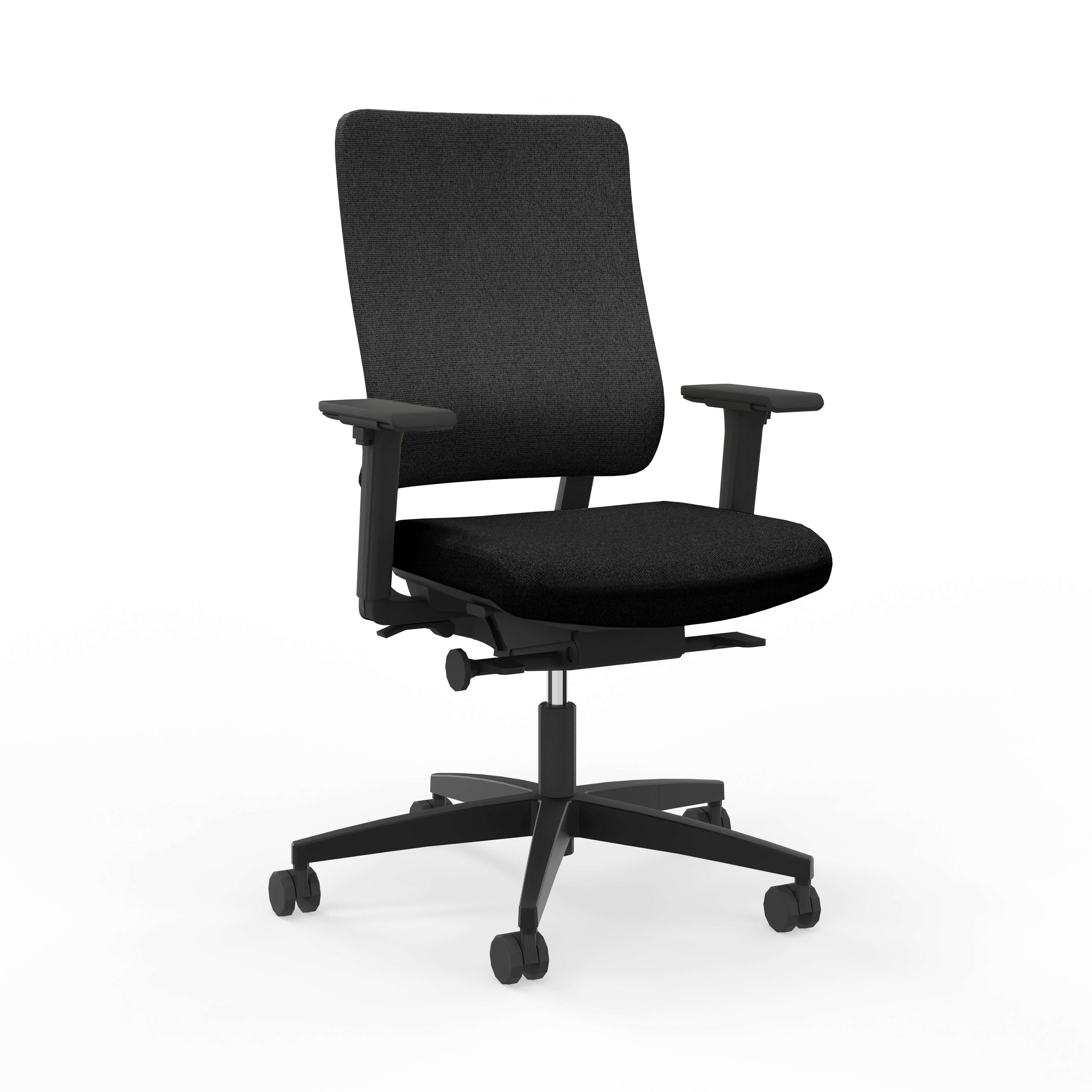 Sustainable ergonomic task chair in black fabric with adjustable features and armrests.