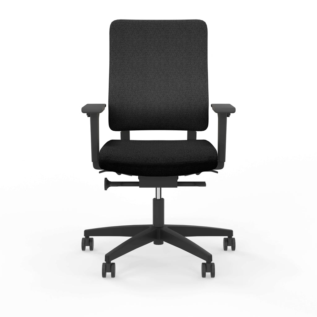 Sustainable ergonomic task chair featuring adjustable height and eco-friendly materials in a sleek black design.