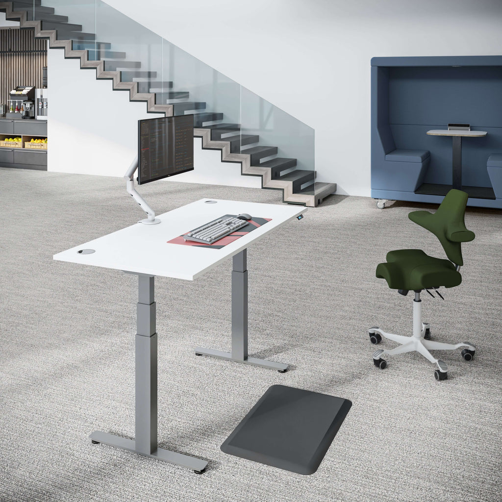 iLohas 2+ dual motor electric height adjustable standing desk with ergonomic chair in modern office setting