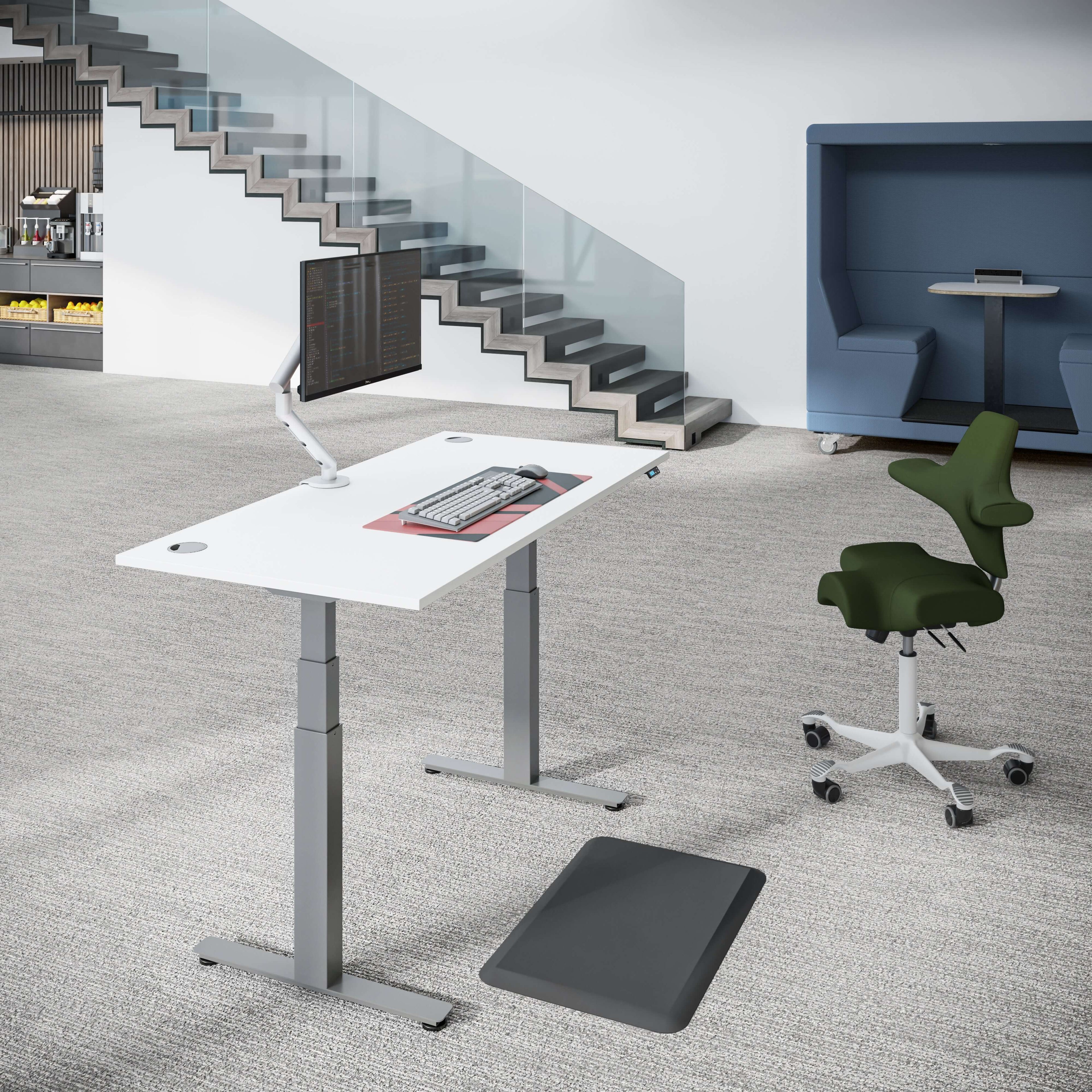 iLohas 2+ dual motor electric height adjustable standing desk with ergonomic chair in modern office setting