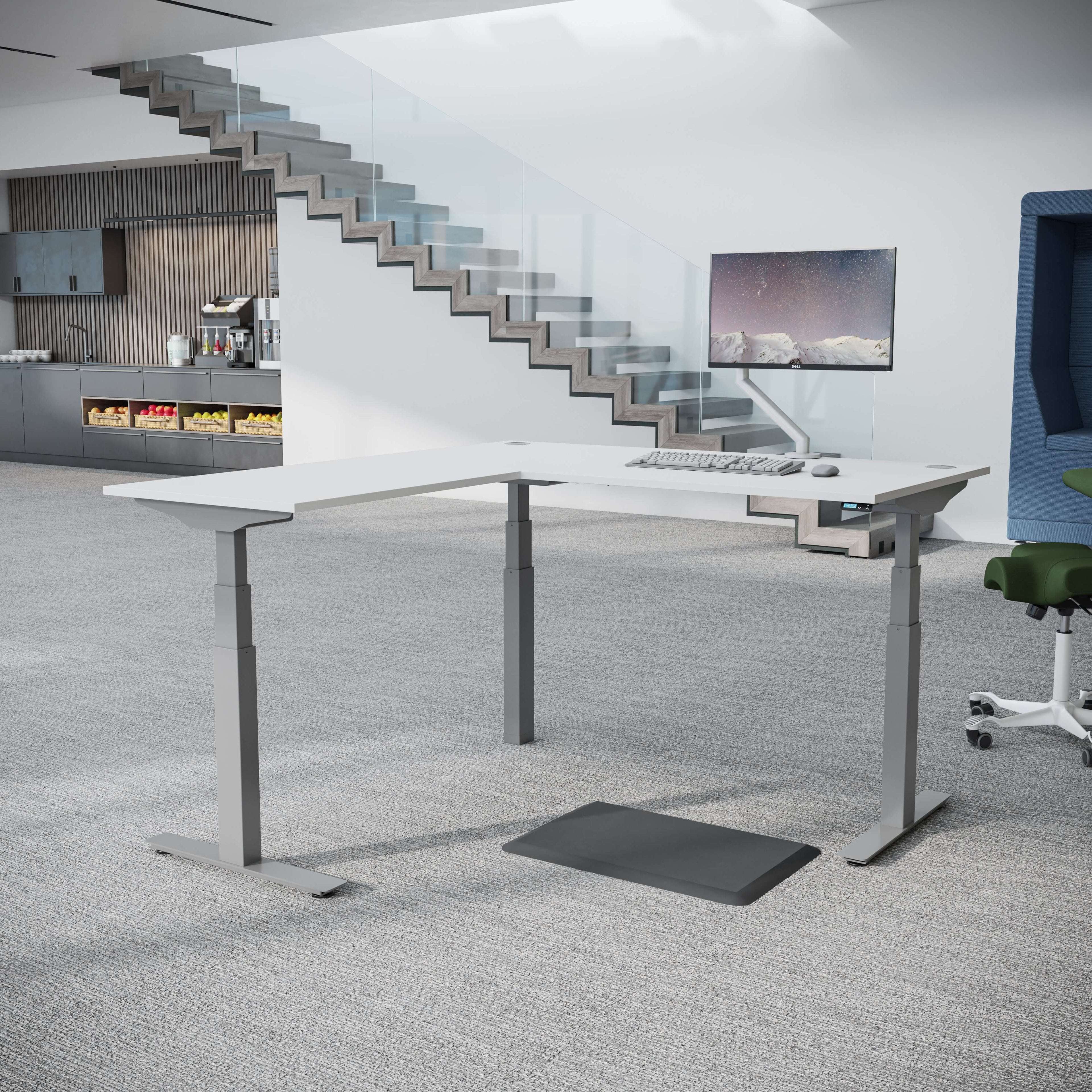 iLohas electric corner standing desk featuring height adjustable L-shaped design in modern office setting.