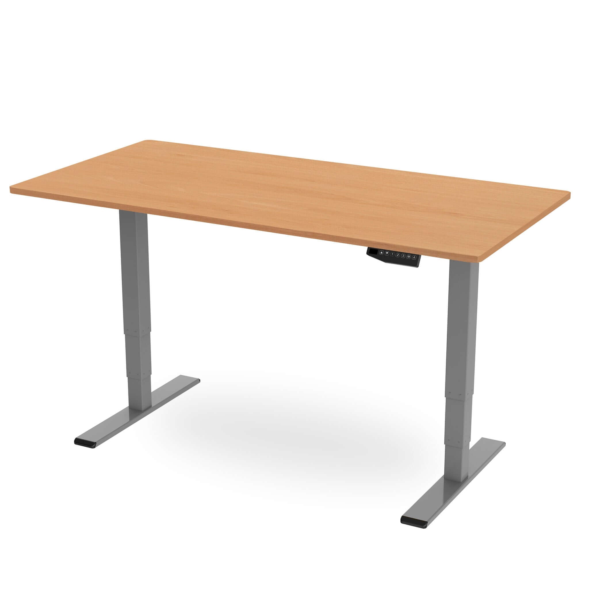 Revilo R800 dual motor sit stand desk with a wooden top and silver frame.