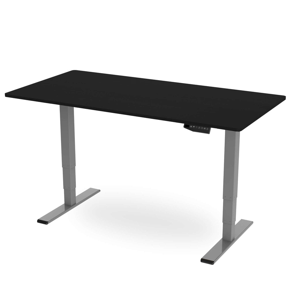 Revilo R800 dual motor sit stand desk in black with silver legs, showcasing modern ergonomic design.