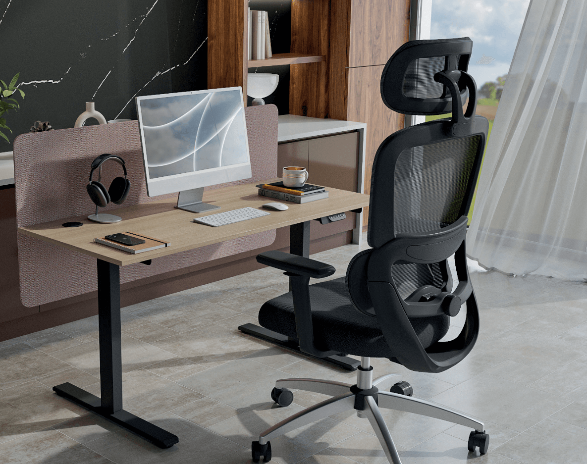 Ergonomic office chair with adjustable armrests positioned at a modern desk with computer and workspace accessories.