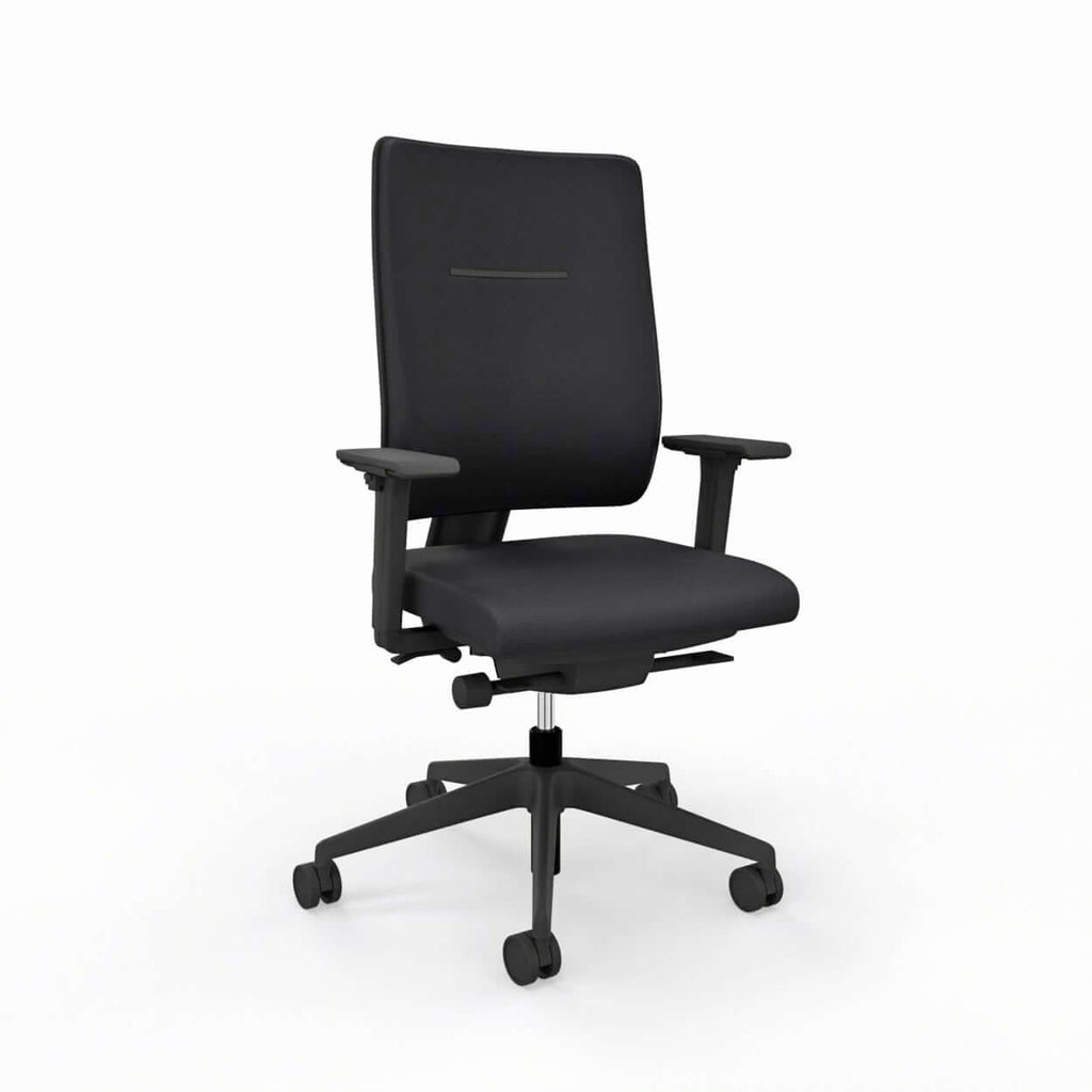 Ergonomic swivel task chair in black with adjustable arms and a modern design for comfortable seating.