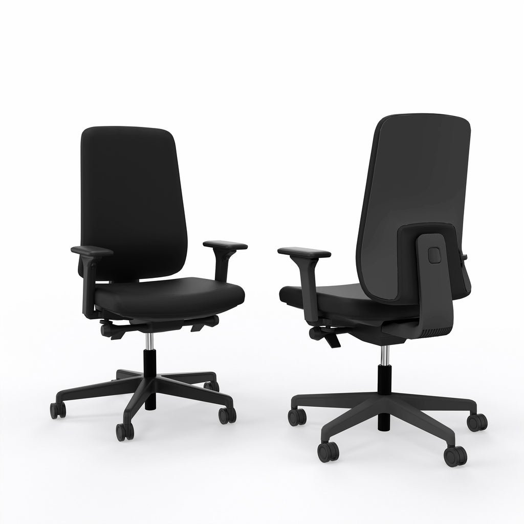 Viasit Prompt Too Ergonomic Task Chair with adjustable lumbar support and synchronic mechanism, showcased from the back and front views.