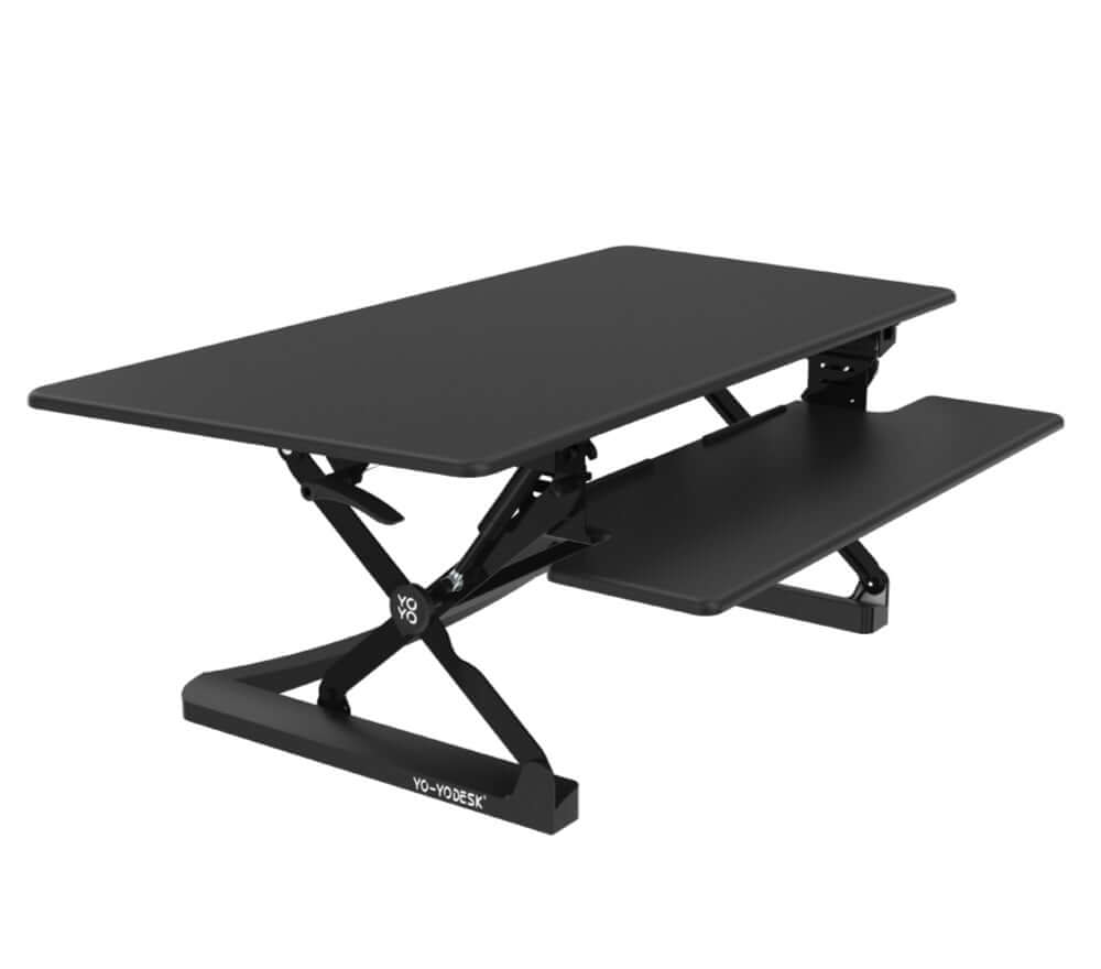 CLASSIC 120 dual monitor standing desk converter with split level worktop and adjustable height.