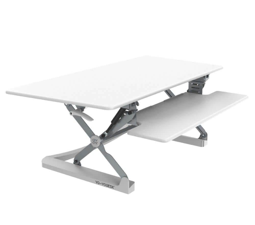 CLASSIC 120 Dual Monitor Standing Desk Converter with adjustable height and split level worktop.