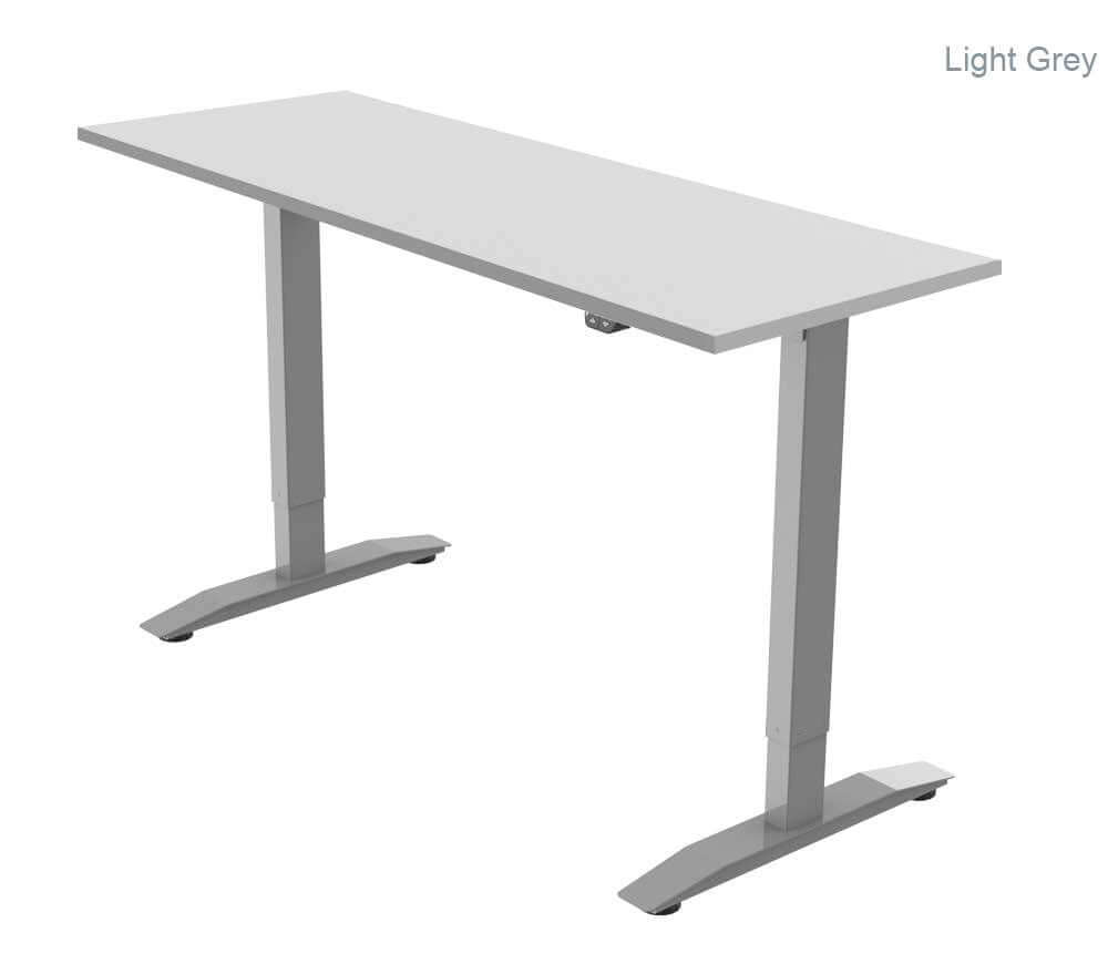 Single motor electric standing desk in light grey color with a sturdy 2-stage frame.