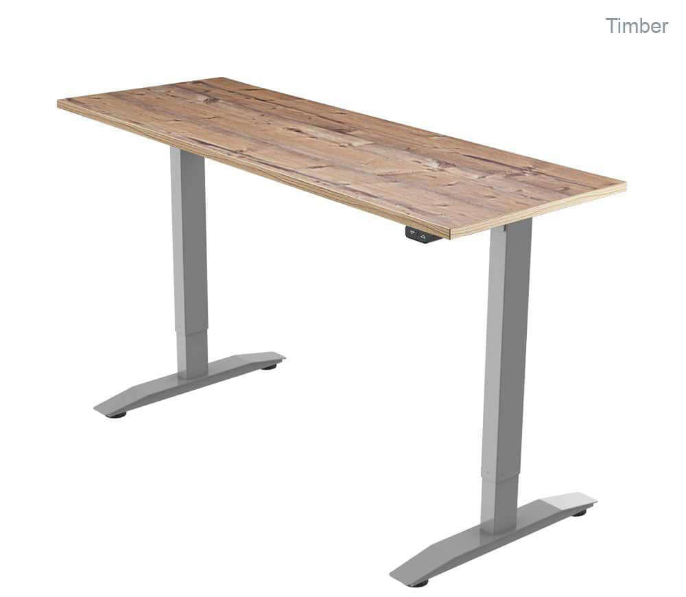 PRO 1 single motor electric standing desk with a timber top and sturdy gray metal frame.