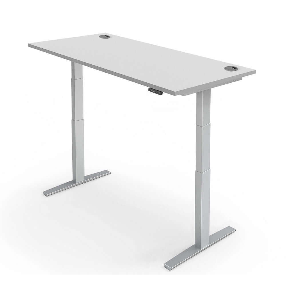 PRO 2+ dual motor electric standing desk with a sleek white top and silver legs for a modern workspace.