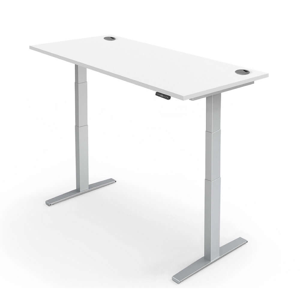 PRO 2+ dual motor electric standing desk with a sleek white surface and silver legs, featuring height adjustability.
