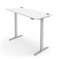 PRO 2+ dual motor electric standing desk with a sleek white surface and silver legs, featuring height adjustability.