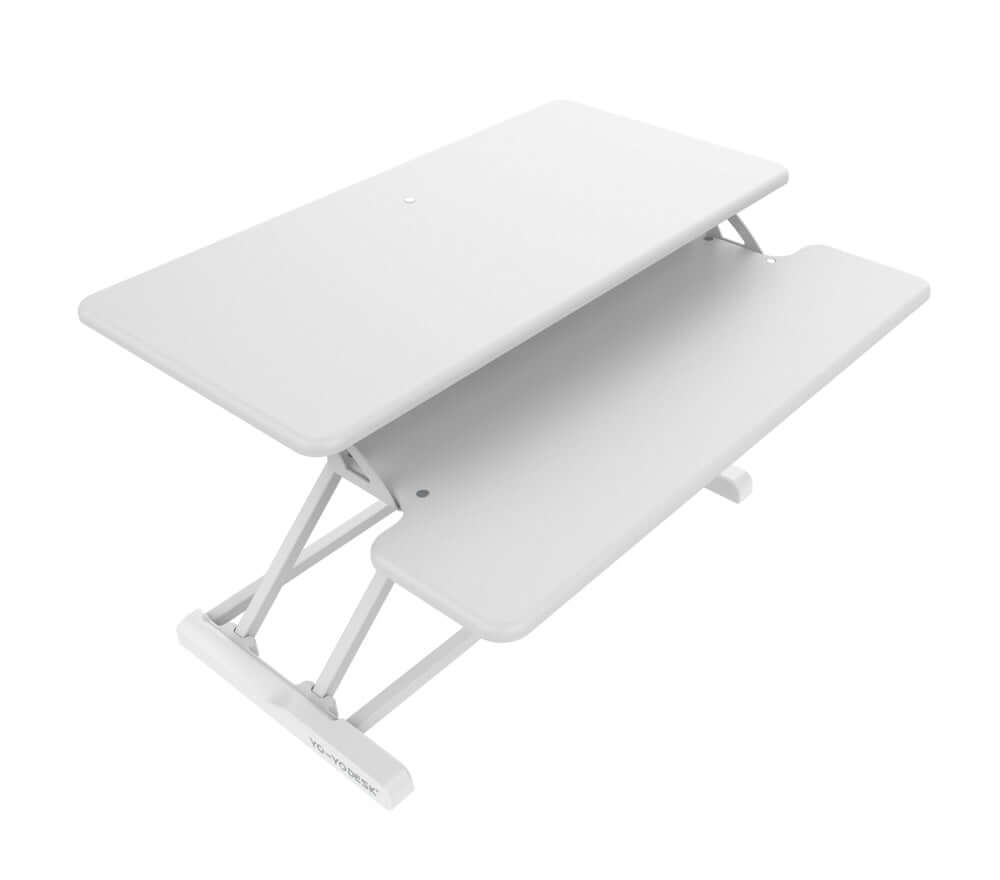 SLIM 80-S standing desk converter for single monitor in white, showing split level design for ergonomic work setup.