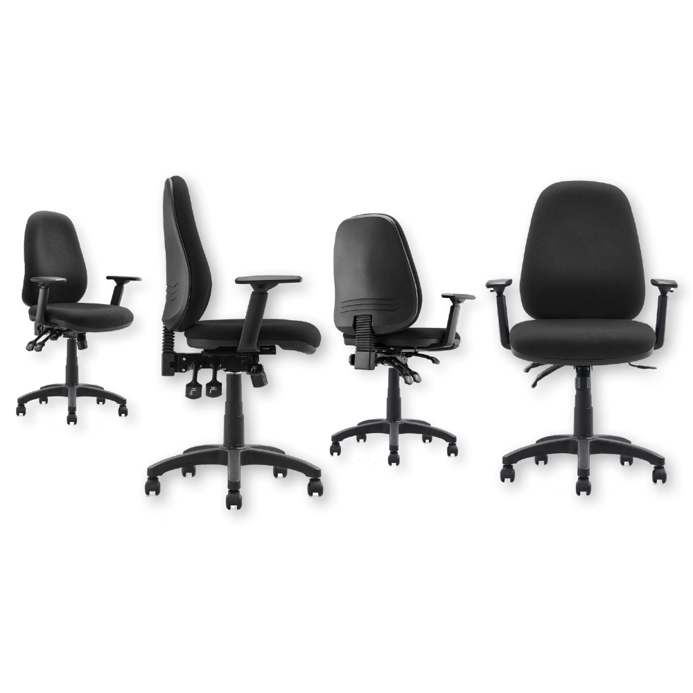 Modena operator chair with seat slide in black fabric, view 1