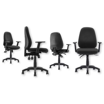 Modena operator chair with seat slide in black fabric, view 1