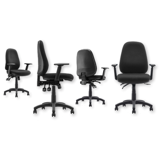 Modena operator chair with seat slide in black fabric, view 1