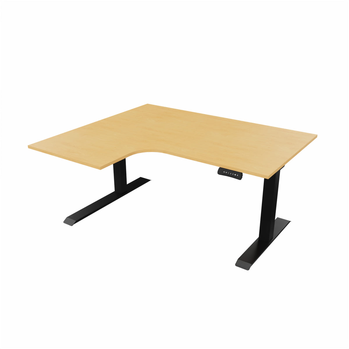 revilo r807 radial sit stand desk with beech desktop and black frame, left-handed