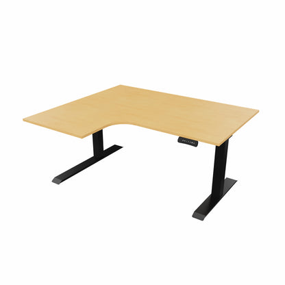 revilo r807 radial sit stand desk with beech desktop and black frame, left-handed
