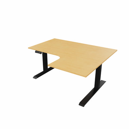 revilo r807 radial sit stand desk with beech desktop and black frame, right-handed