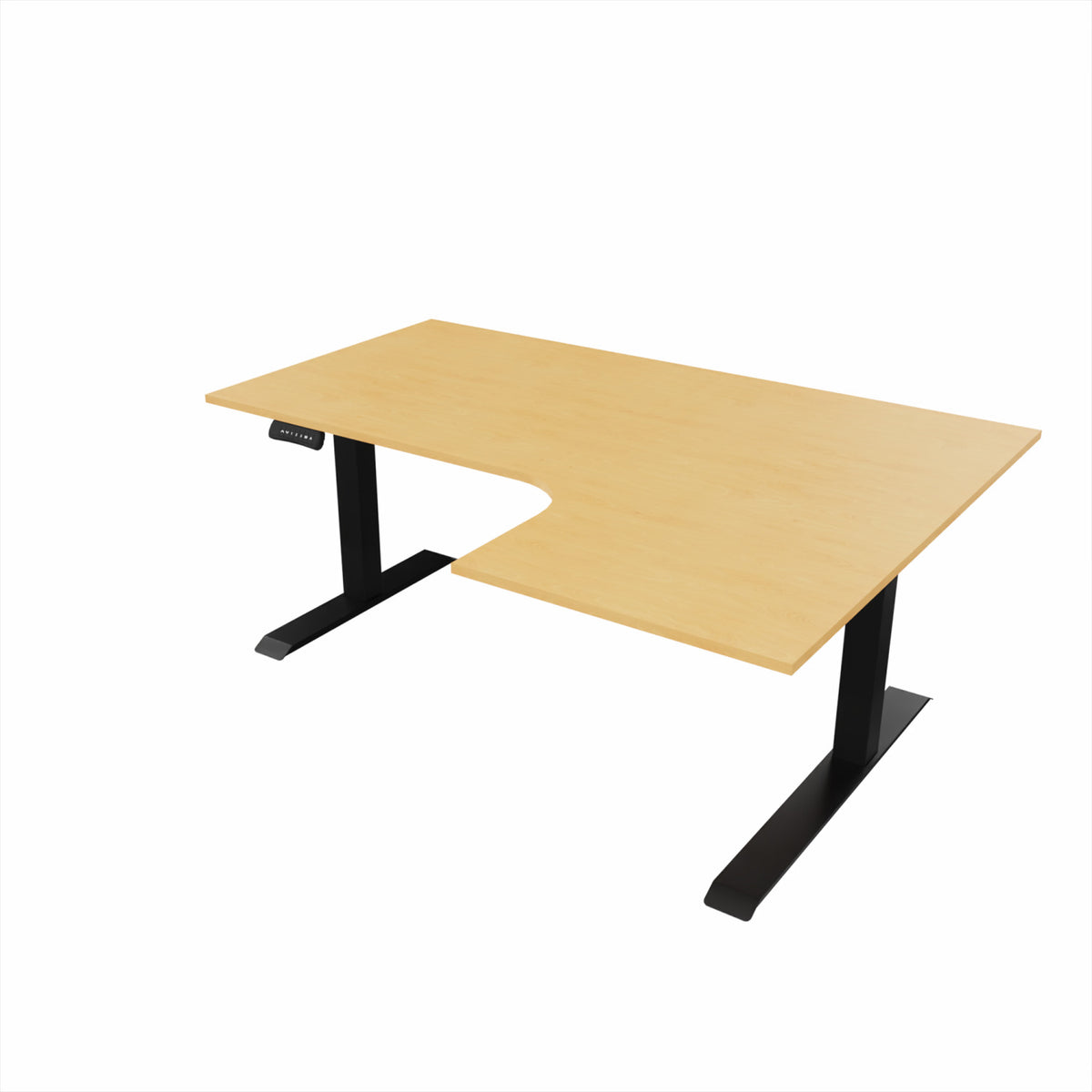 revilo r807 radial sit stand desk with beech desktop and black frame, right-handed