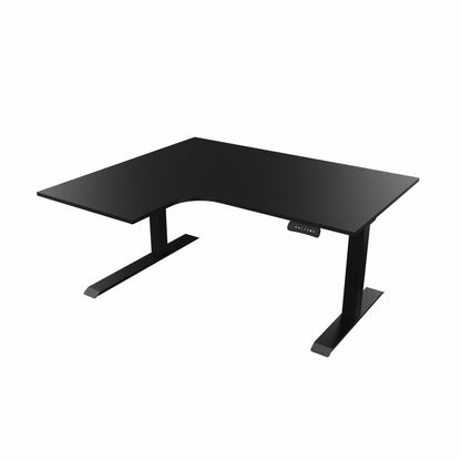 revilo r807 radial sit stand desk with black desktop and black frame, left-handed