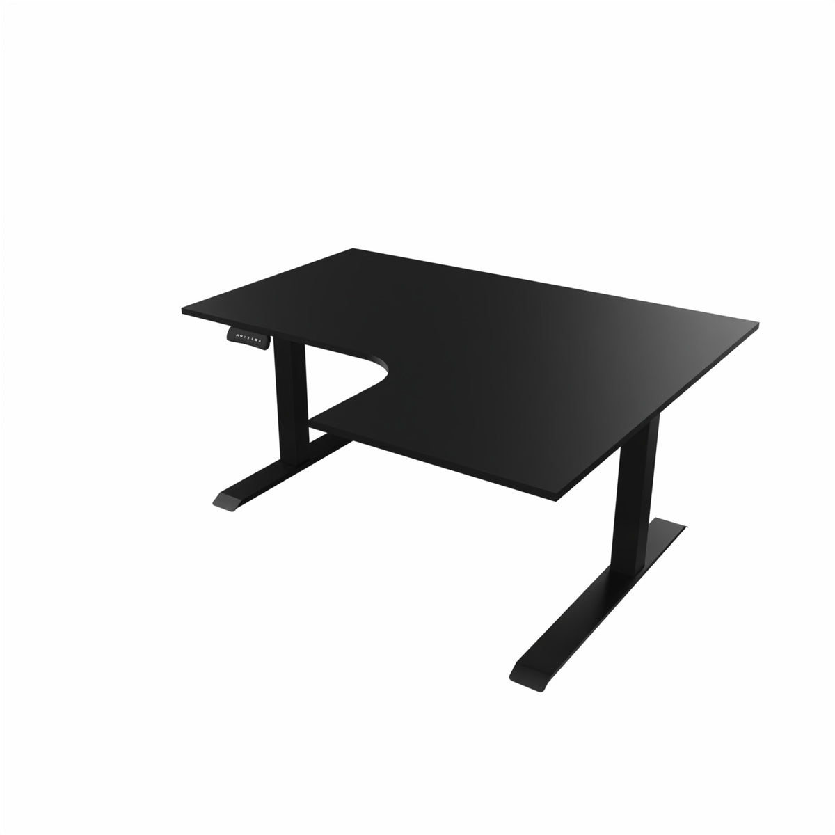 revilo r807 radial sit stand desk with black desktop and black frame, right-handed