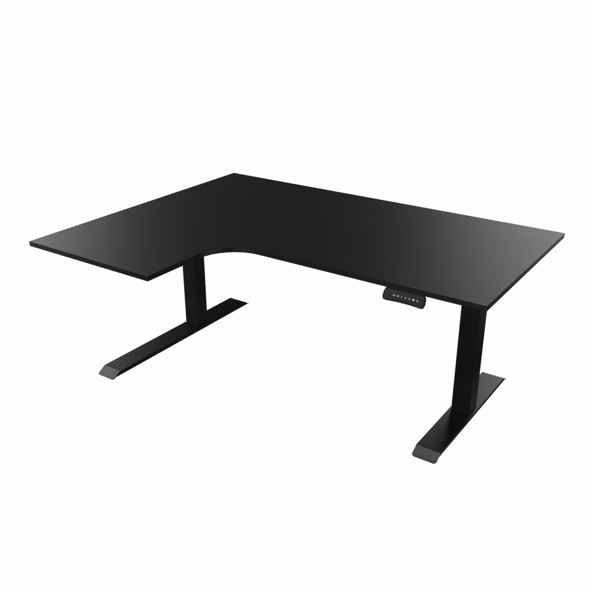 revilo r807 radial sit stand desk with black desktop and black frame, left-handed