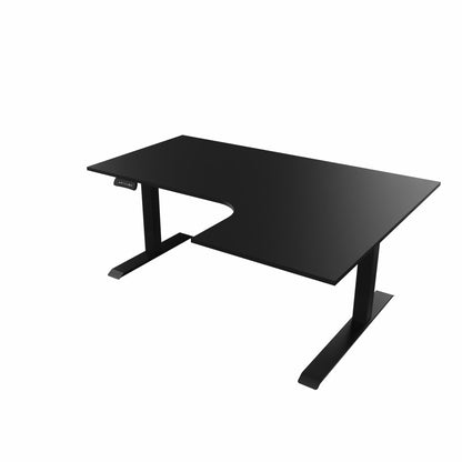 revilo r807 radial sit stand desk with black desktop and black frame, right-handed