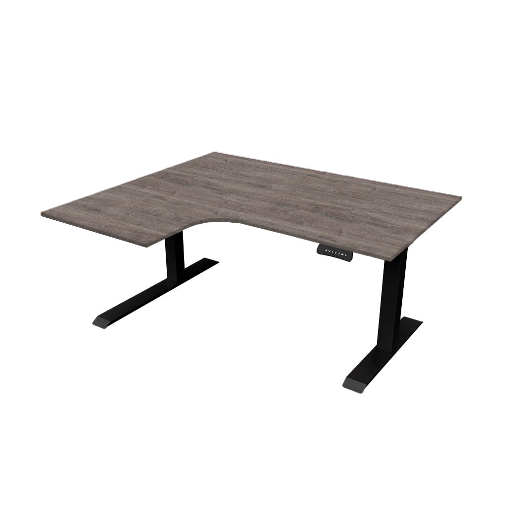 revilo r807 radial sit stand desk with grey oak desktop and black frame, left-handed