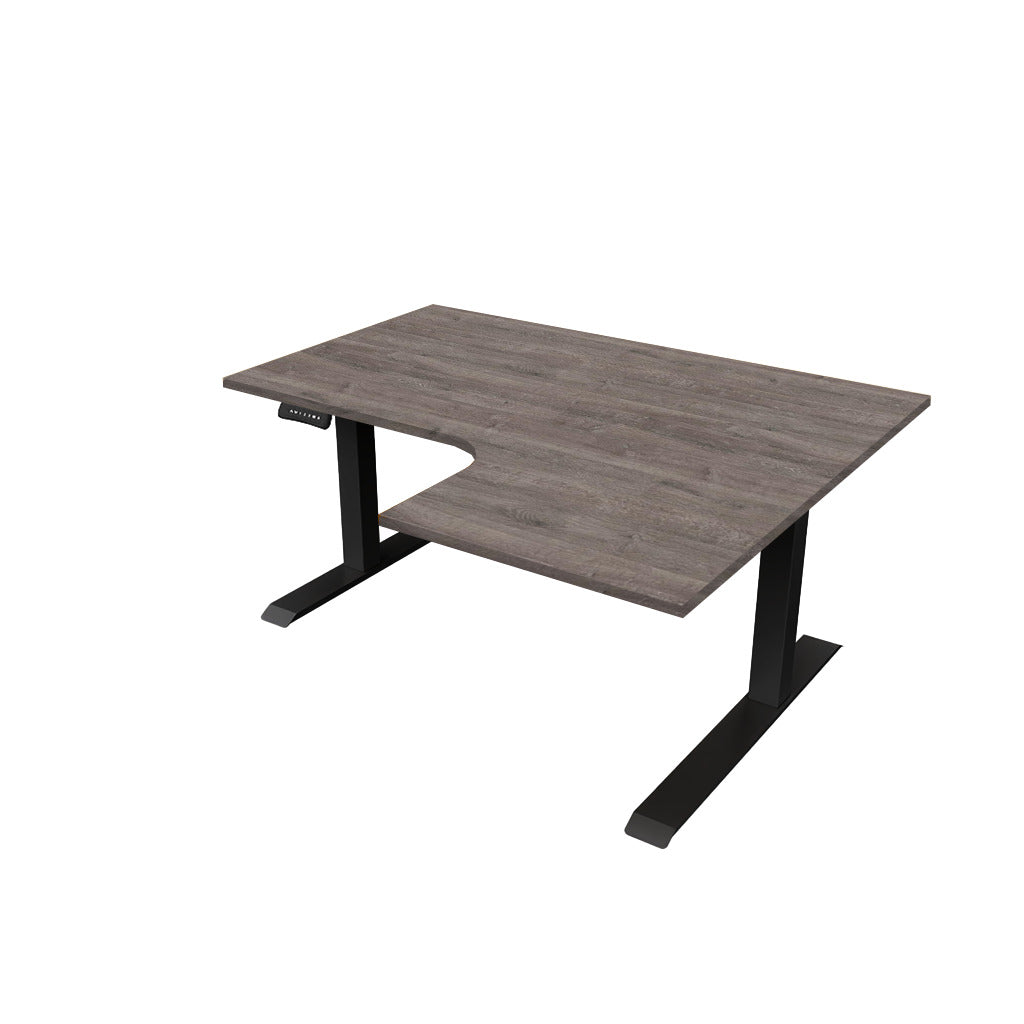 revilo r807 radial sit stand desk with grey oak desktop and black frame, right-handed