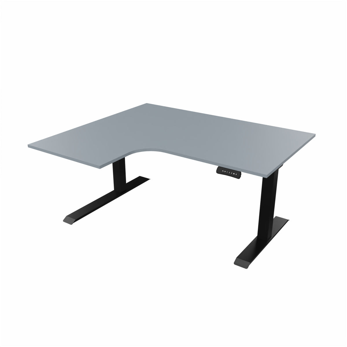 revilo r807 radial sit stand desk with grey desktop and black frame, left-handed