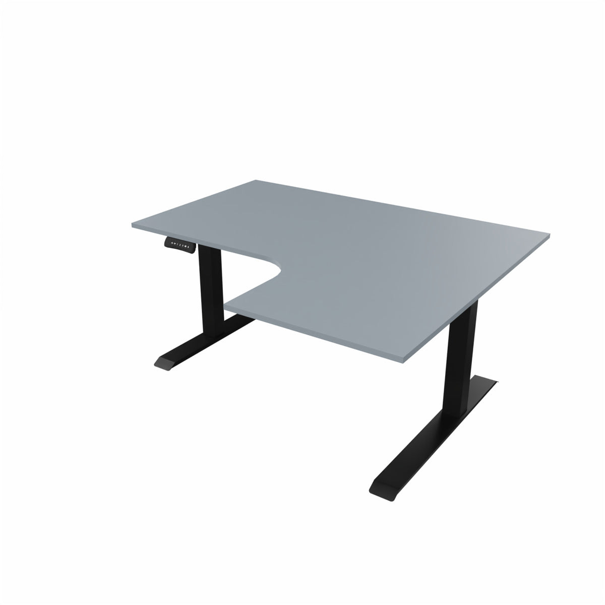 revilo r807 radial sit stand desk with grey desktop and black frame, right-handed