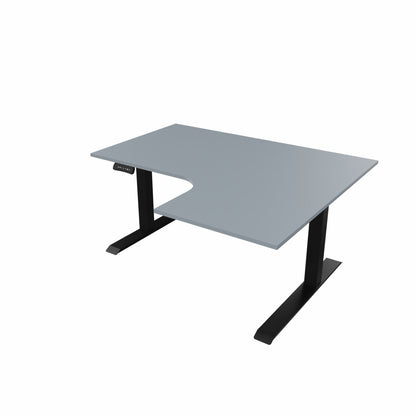 revilo r807 radial sit stand desk with grey desktop and black frame, right-handed