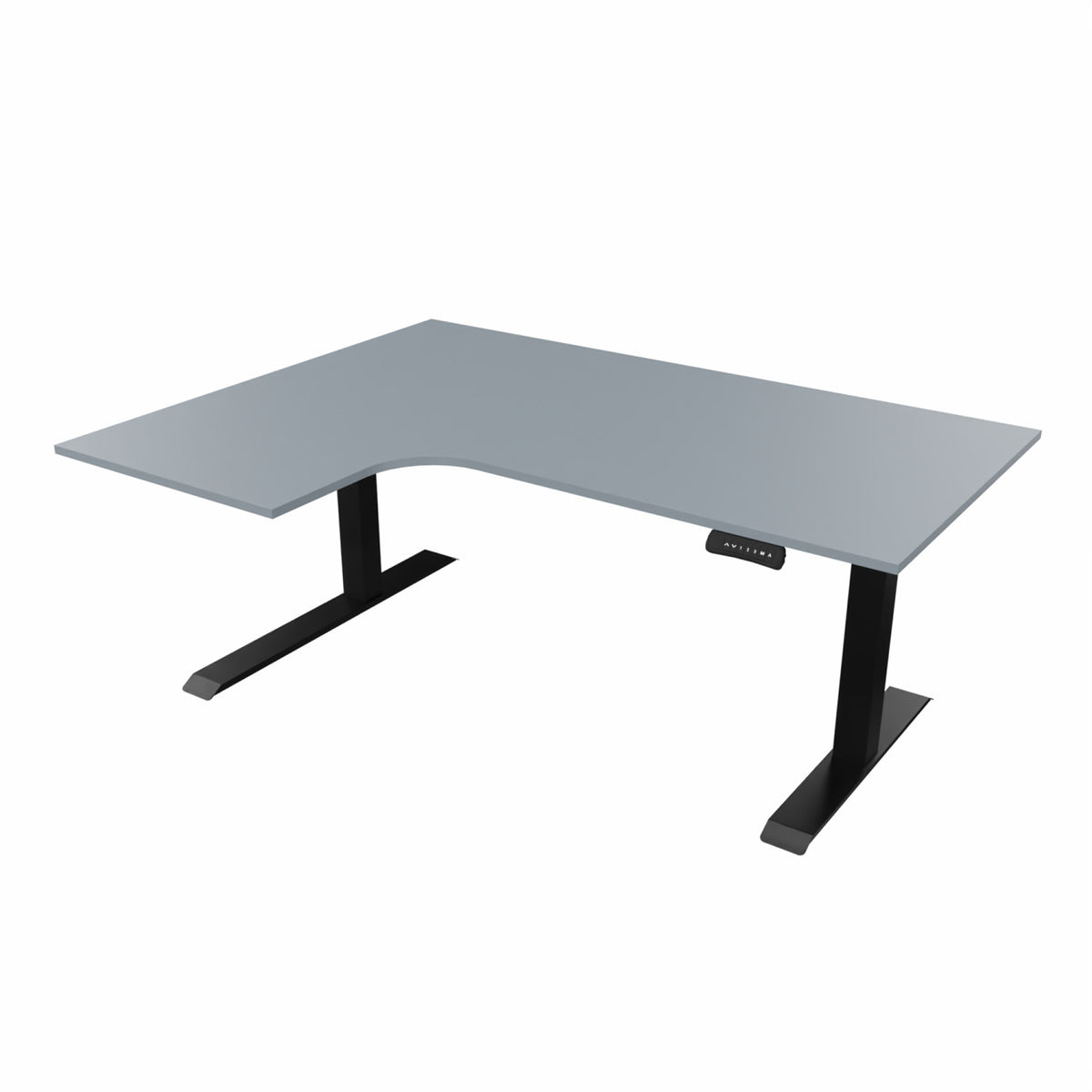 revilo r807 radial sit stand desk with grey desktop and black frame, left-handed