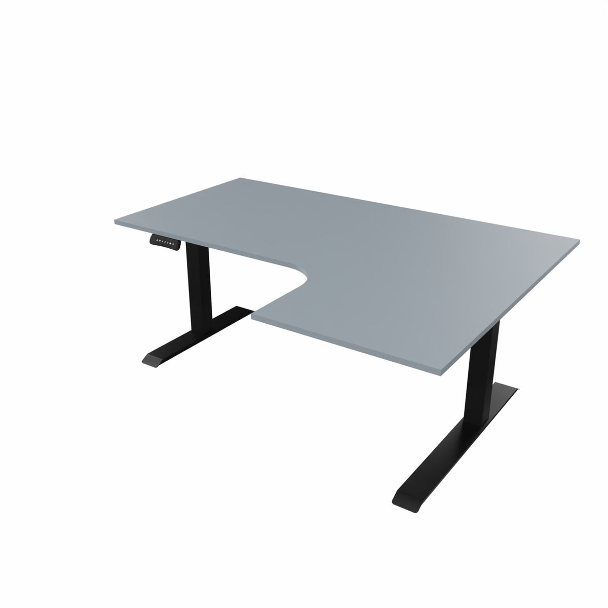 revilo r807 radial sit stand desk with grey desktop and black frame, right-handed