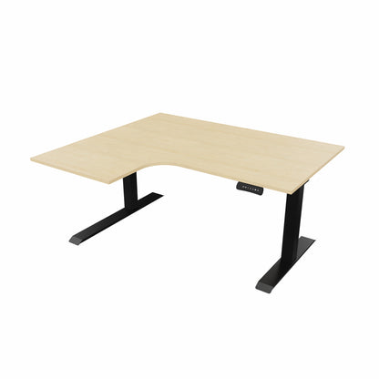 revilo r807 radial sit stand desk with maple desktop and black frame, left-handed