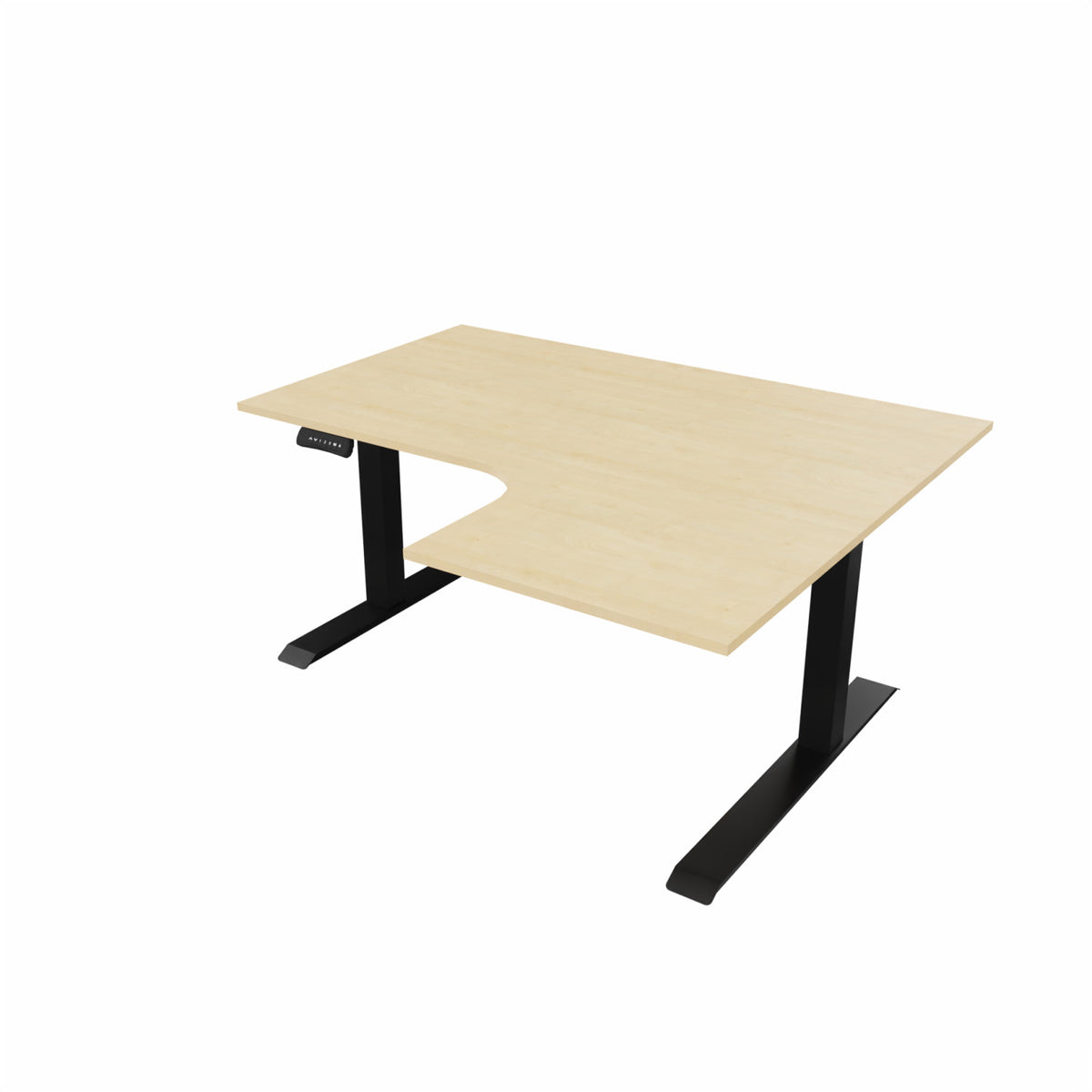revilo r807 radial sit stand desk with maple desktop and black frame, right-handed