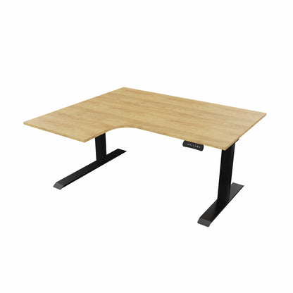 revilo r807 radial sit stand desk with oak desktop and black frame, left-handed