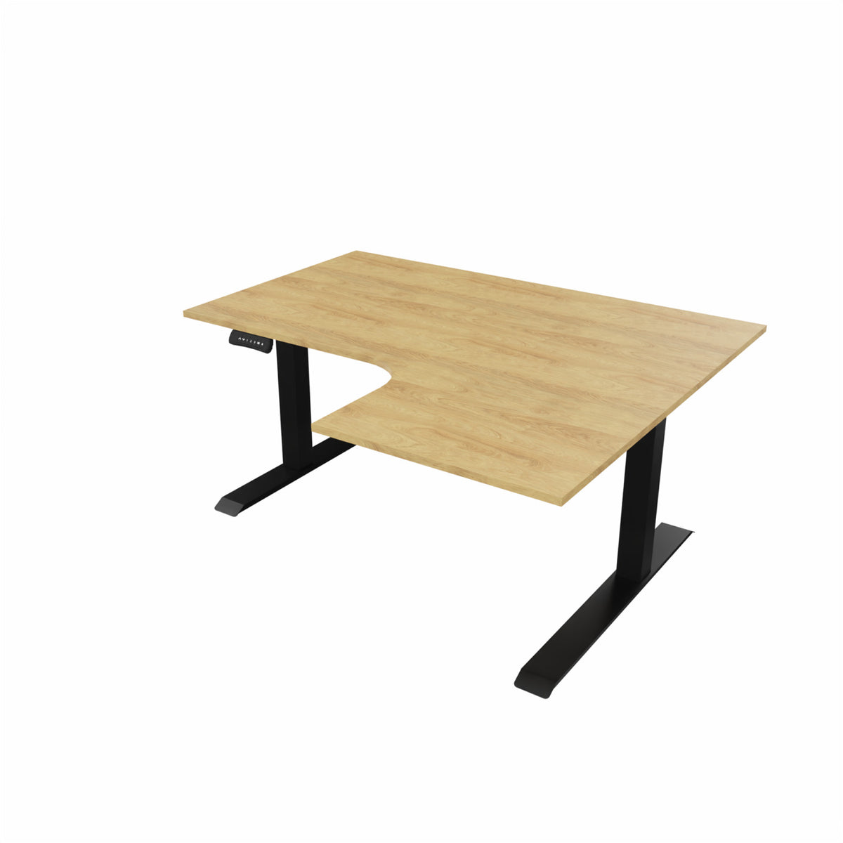 revilo r807 radial sit stand desk with oak desktop and black frame, right-handed
