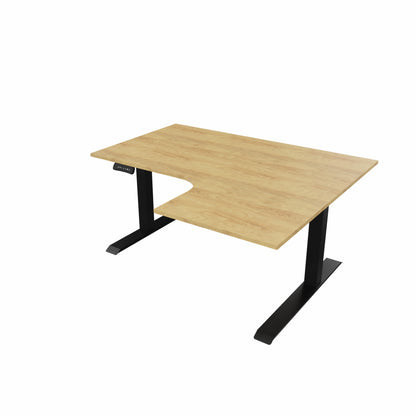 revilo r807 radial sit stand desk with oak desktop and black frame, right-handed