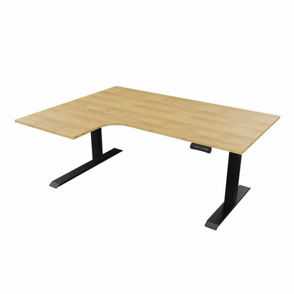 revilo r807 radial sit stand desk with oak desktop and black frame, left-handed
