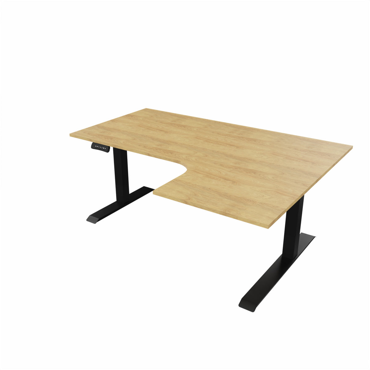 revilo r807 radial sit stand desk with oak desktop and black frame, right-handed